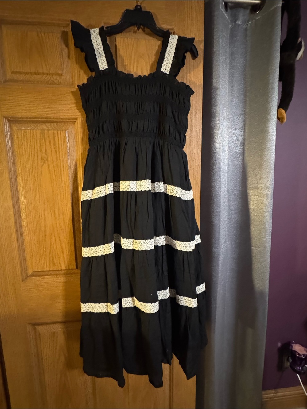 Girls' Black Smocked Sundress with White Lace Stripes